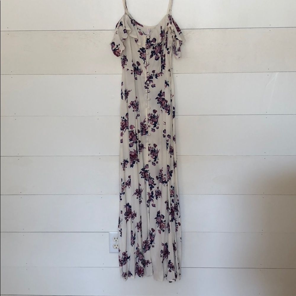 Cream and purple floral off the shoulder dress.